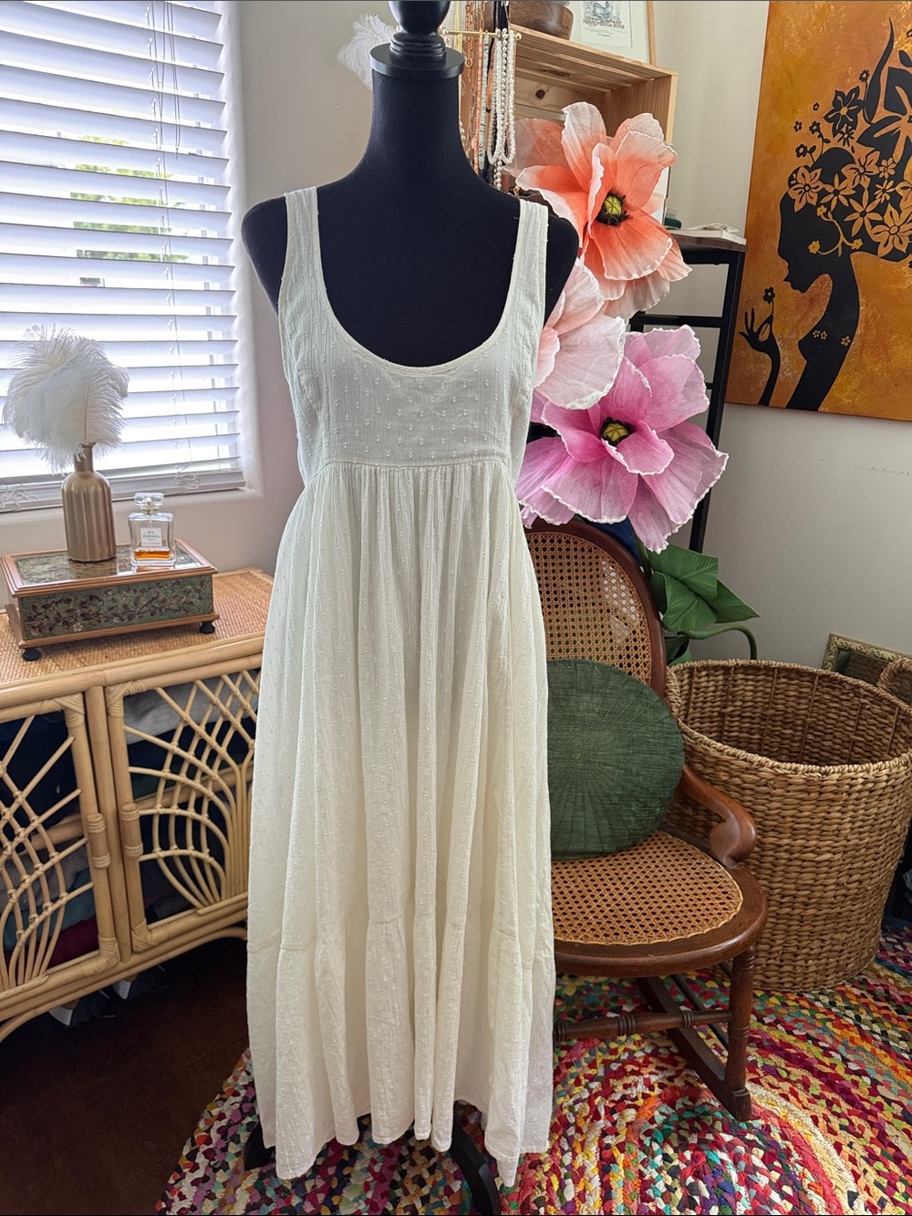 Urban Outfitters Off-White Swiss Dot U-Back Empire Babydoll Midi Maxi Dress